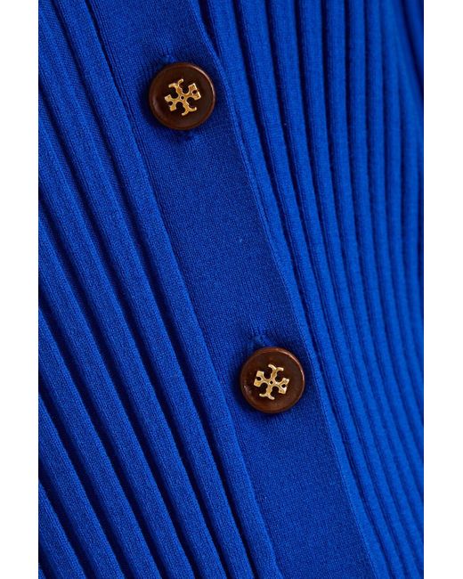 Tory Burch Blue Ribbed Merino Wool-blend Cardigan