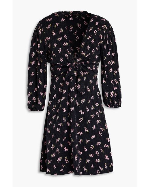 Maje Black Knotted Floral-print Cupro-blend Jacquard Mini Dress