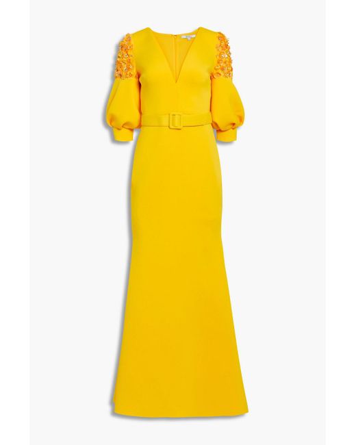 Badgley Mischka Yellow Verzierte robe aus neopren mit gürtel