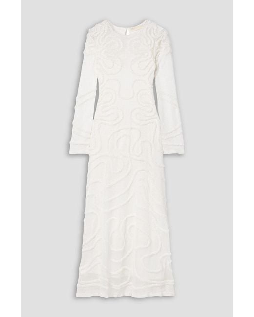 Ulla Johnson Natural Valentina Appliquéd Pointelle-Knit Midi Dress