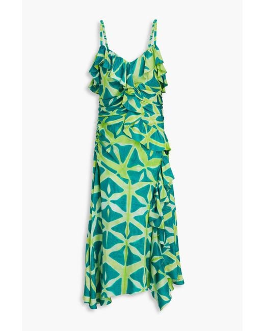 Ulla Johnson Green Zoya Ruffled Printed Silk-satin Midi Dress