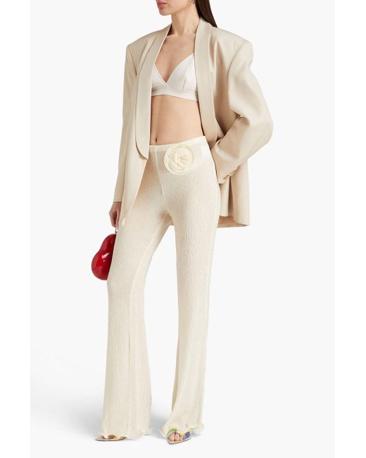 Magda Butrym White Appliquéd Lyocell-blend Plissé-crepe Flared Pants