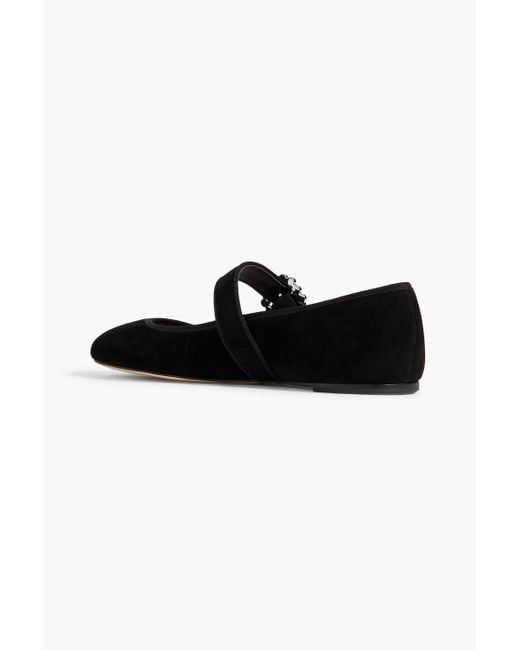 Stuart Weitzman Black Piper Faux Pearl-Embellished Suede Mary Jane Flats