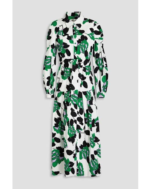 Diane von Furstenberg Green Lux Floral-print Stretch-cotton Poplin Midi Shirt Dress