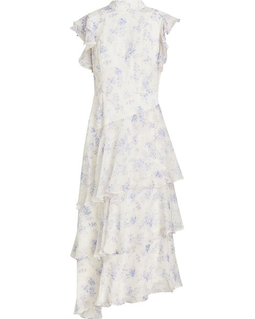 Mikael Aghal Synthetic Ruffled Floral-print Crepe De Chine Midi Dress ...