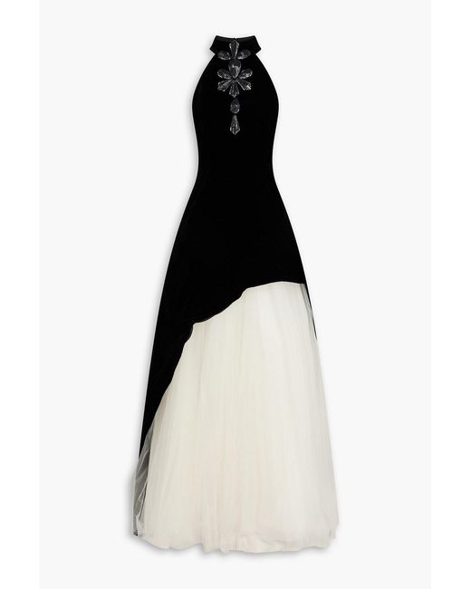 Costarellos White Shantell Embellished Velvet And Tulle Gown