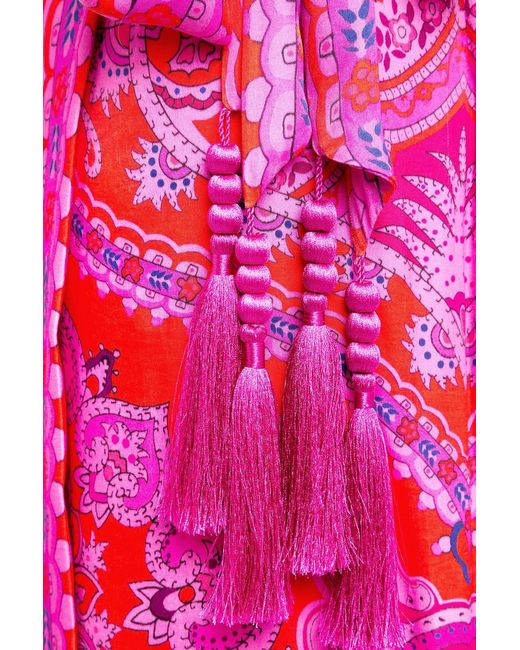 Farm Rio Red Tasseled Printed Crepe De Chine Midi Wrap Skirt