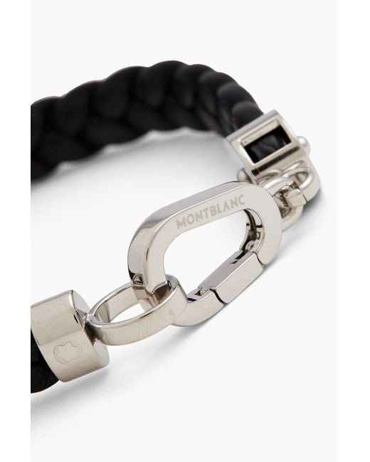 Montblanc Black Silver-tone Braided Leather Bracelet for men
