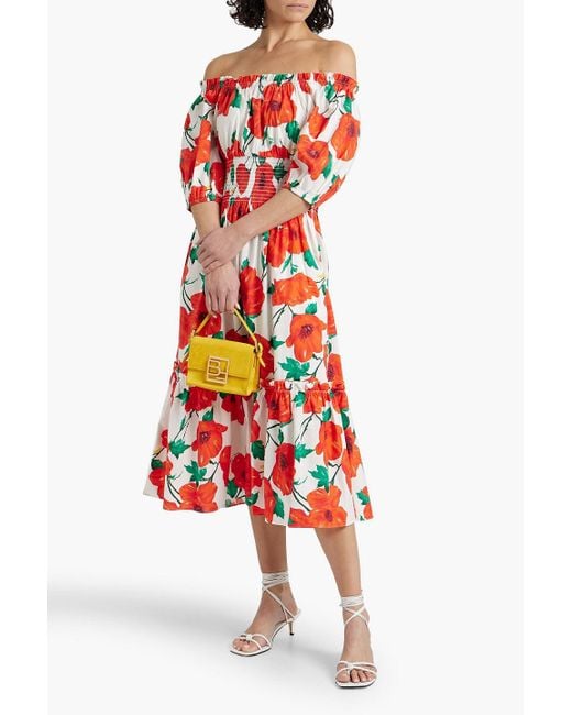 Cara Cara Red Off-the-shoulder Floral-print Cotton-poplin Midi Dress
