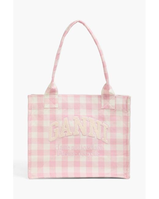 Ganni Pink Embroidered Checked Cotton-canvas Tote