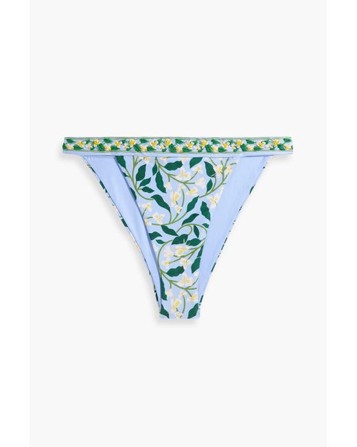 Agua Bendita Blue Lluvia Dos Gardenias Celeste Embellished Floral-print Mid-rise Bikini Briefs