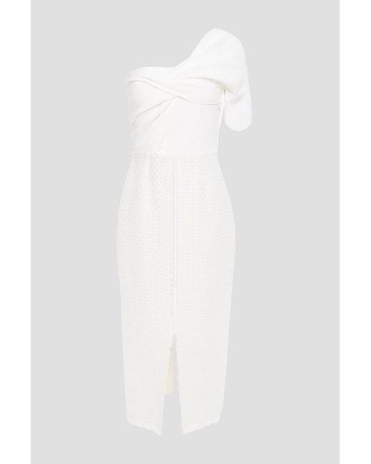 Roland Mouret White Morita One-shoulder Twist-front Crepe And Basketweave Wool-blend Midi Dress