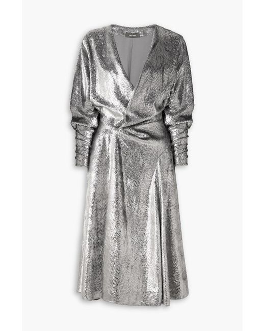 Isabel Marant Gray Courtneya gerafftes midikleid aus lamé mit schlangenprint