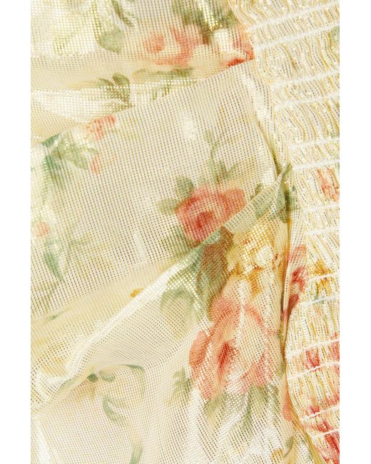 LoveShackFancy Natural Greenwich Embellished Shirred Floral-print Lamé Mini Dress