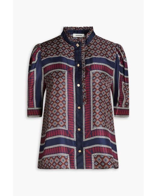 Sandro Blue Ruffled Printed Silk-twill Shirt