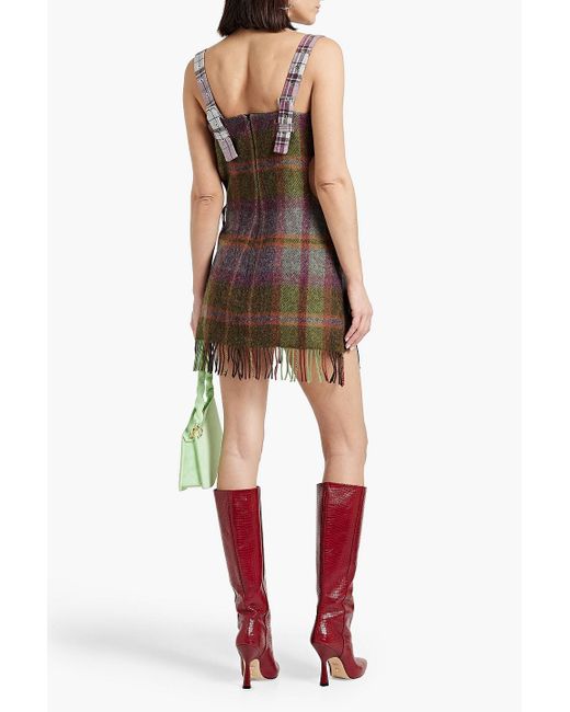 Rave Review Brown Yaam Cutout Fringed Checked Wool-tweed Mini Dress