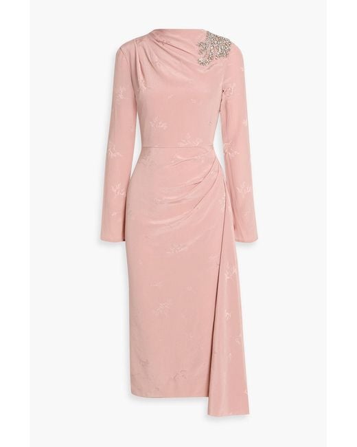 Erdem Pink Crystal-Embellished Silk And Cotton-Blend Jacquard Midi Dress