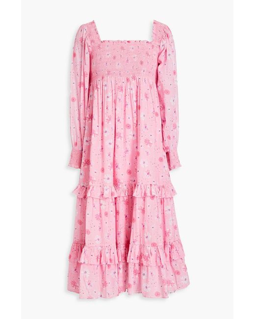 LoveShackFancy Pink Miri Smocked Floral-print Cotton-gauze Midi Dress