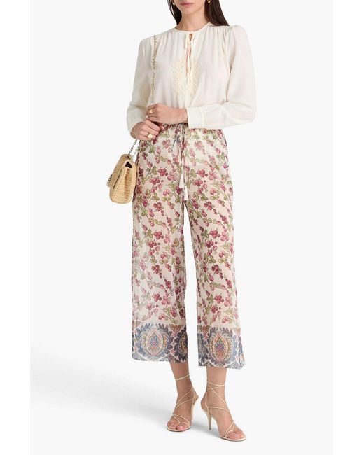 Etro White Cropped Floral-print Crepon Wide-leg Pants