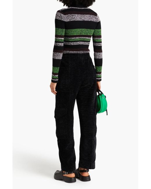 Ganni Black Striped Ribbed-knit Polo Sweater