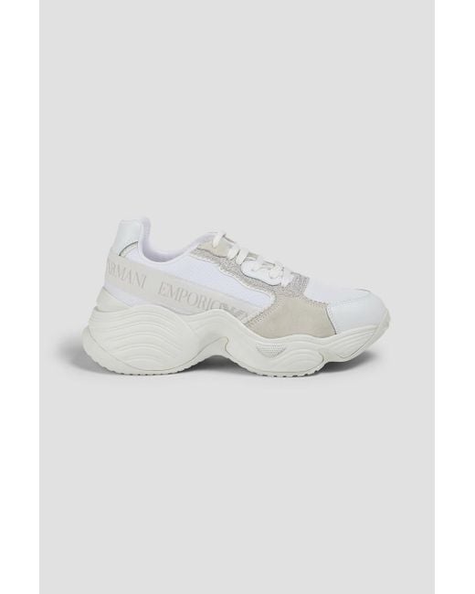 Emporio Armani White Glittered Suede And Neoprene Sneakers