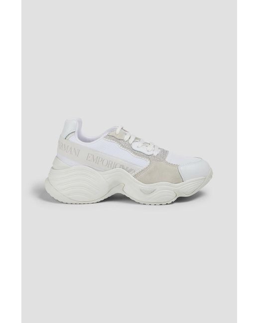 Emporio Armani White Glittered Suede And Neoprene Sneakers