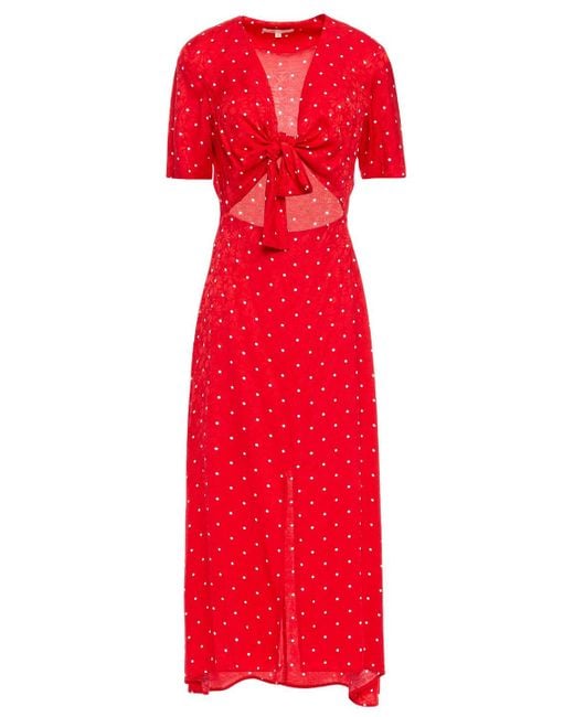 Maje Red Knotted Cutout Polka-dot Satin-jacquard Midi Dress