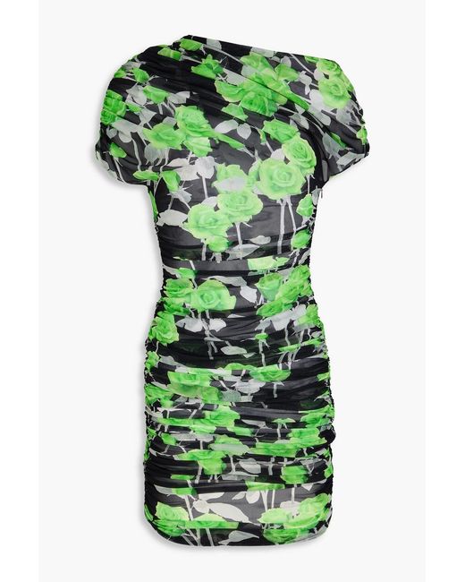 David Koma Green Ruched Floral-print Stretch-mesh Mini Dress