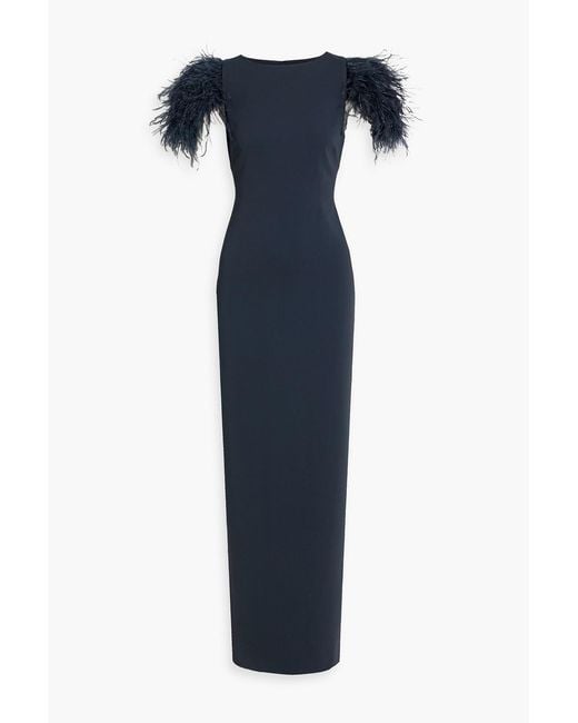Badgley Mischka Blue Feather-Trimmed Crepe Gown