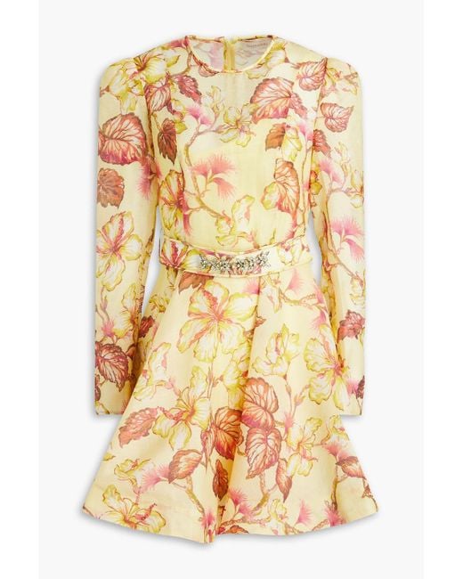 Zimmermann Yellow Belted Floral-print Linen And Silk-blend Mini Dress