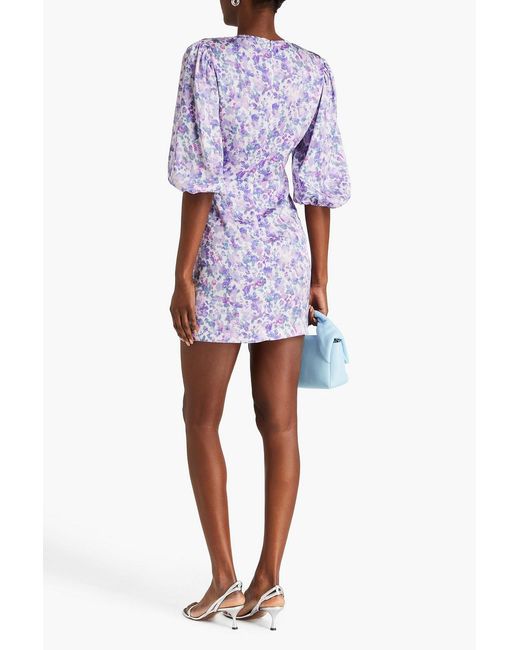 Maje Purple Ruffled Printed Satin Mini Dress