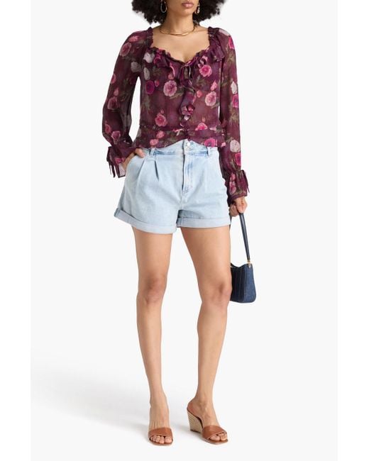 PAIGE Red Lanea Ruffled Floral-Print Silk-Crepon Blouse