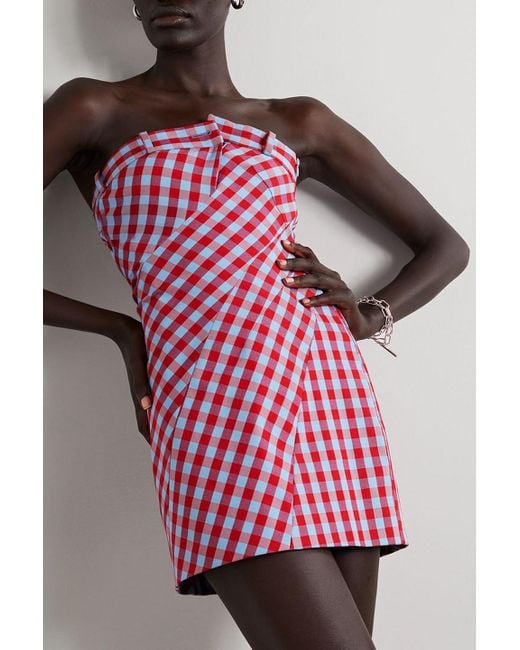 Monse Asymmetric Strapless Checked Cotton-blend Twill Mini Dress in Red |  Lyst Canada
