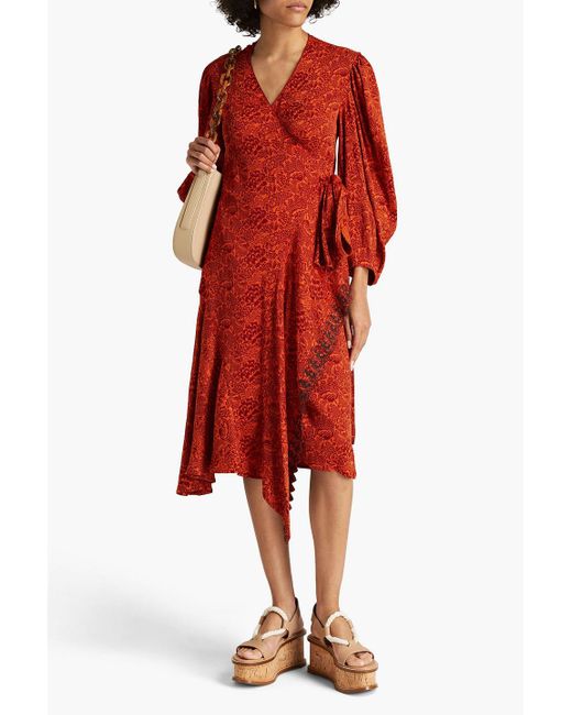 Chloé Red Embroide Jacquard Wrap Dress