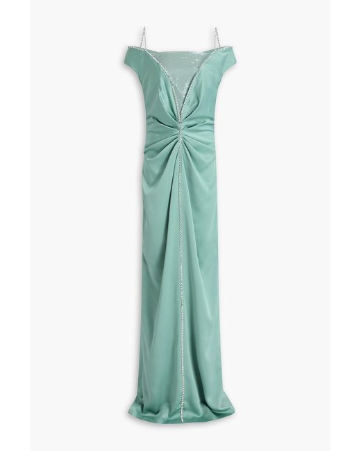 Safiyaa Green Keegan Cold-Shoulder Embellished Satin-Crepe Gown