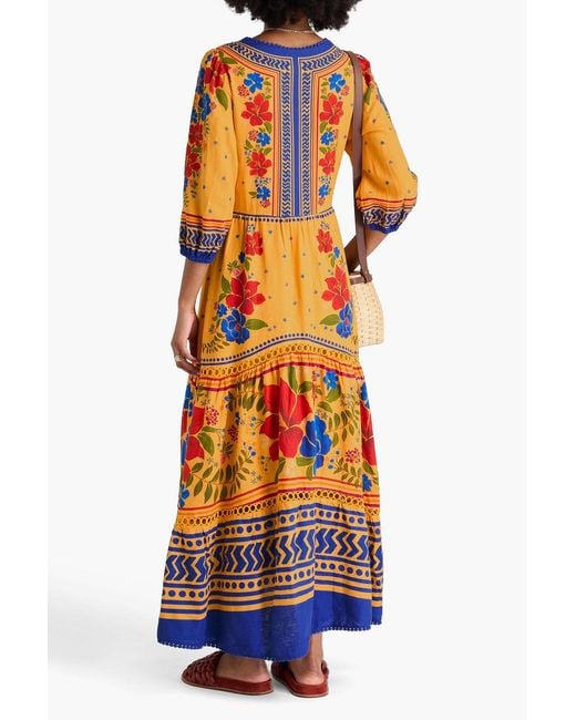 Farm Rio Orange Bead-embellished Floral-print Linen-blend Maxi Dress