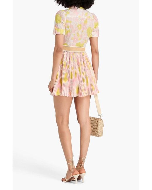 Zimmermann Pink Belted Floral-Print Slub Woven Mini Shirt Dress