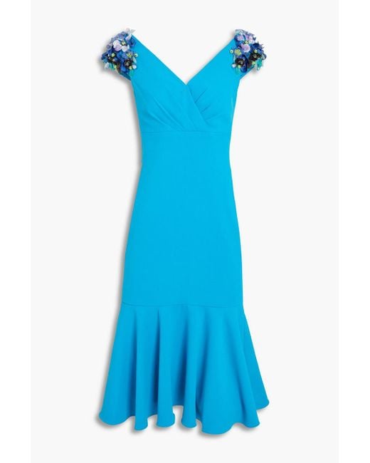 Badgley Mischka Blue Fluted Floral-appliquéd Crepe Dress