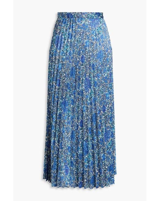 Sandro Blue Pleated Floral-print Satin-twill Midi Skirt