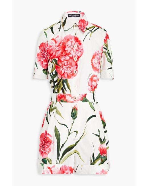 Dolce & Gabbana Red Pleated Floral-print Cotton-poplin Playsuit