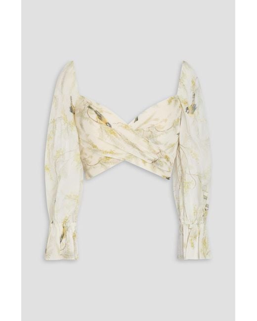 Zimmermann White Cropped Printed Plissé-Organza Top