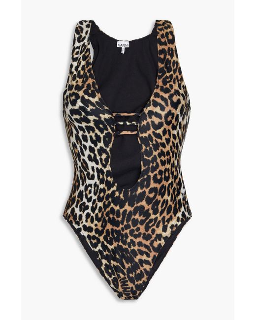 Ganni Black Cutout Leopard-print Swimsuit