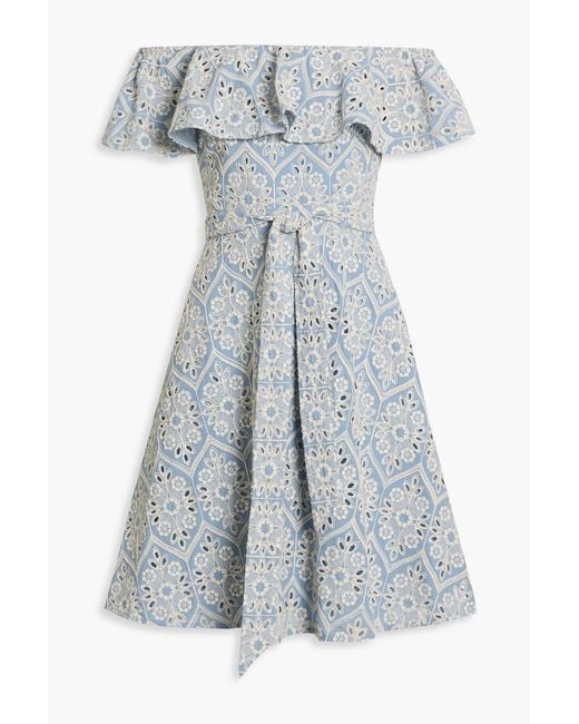 Mikael Aghal Blue Off-The-Shoulder Ruffled Broderie Anglaise Cotton Dress