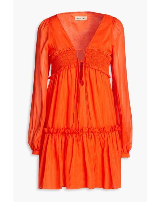 Nicholas Orange Shirred Cotton And Silk-blend Voile Mini Dress