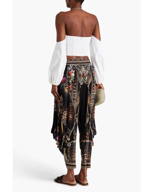 Camilla Black Crystal-embellished Printed Stretch-jersey Tapered Pants