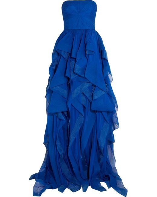 Reem Acra Blue Strapless Ruffled Silk-chiffon Gown
