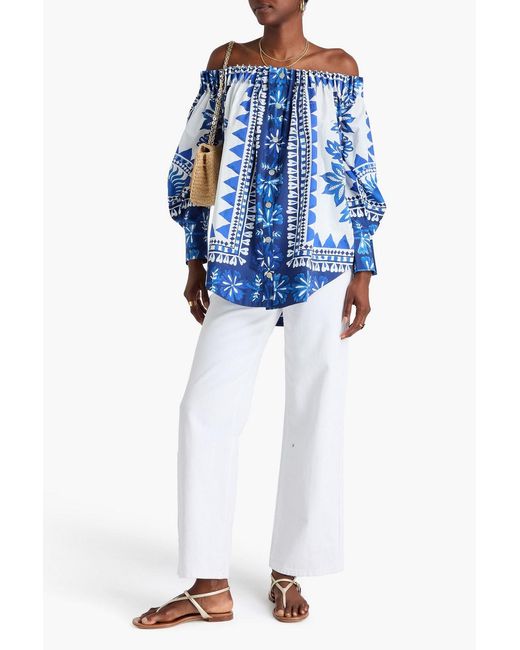 Farm Rio Blue Off-The-Shoulder Printed Cotton-Poplin Top