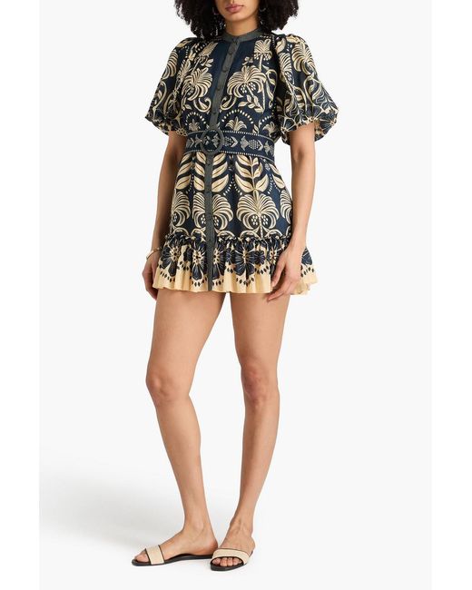 Farm Rio Blue Belted Printed Cotton-Blend Mini Dress