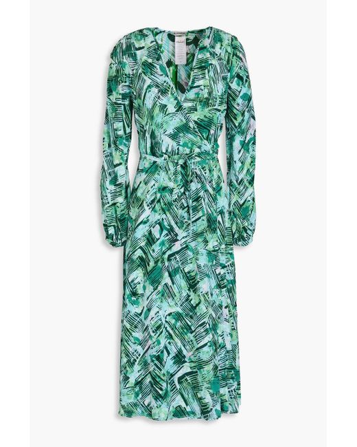 Diane von Furstenberg Green Leo Printed Crepe Midi Wrap Dress