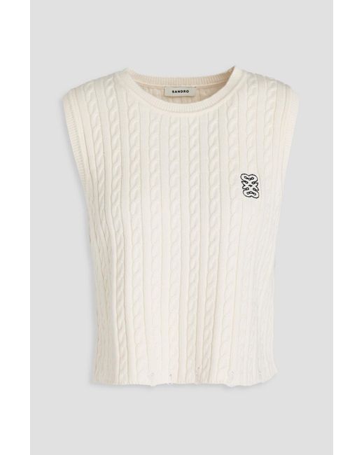 Sandro White Cropped Cable-knit Cotton And Wool-blend Vest